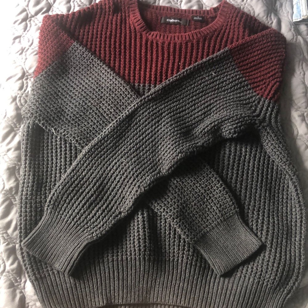 blue and grey thick knitted sweater